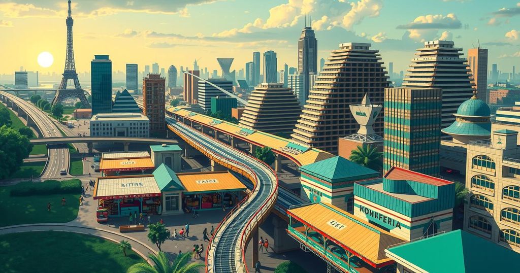 A vibrant cityscape illustrating Nigeria's economic transformation with blooming markets and evolving industries.