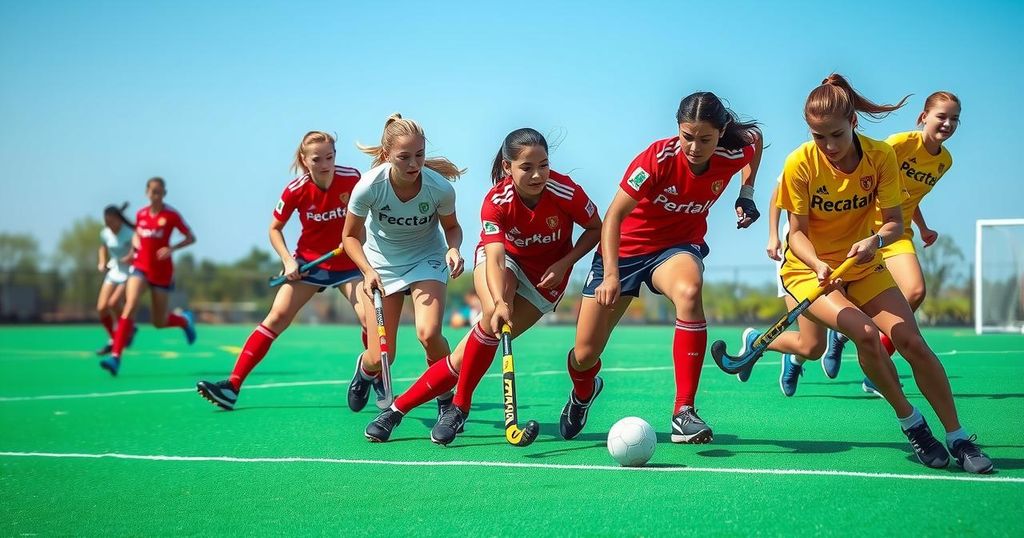 Field hockey match scene showcasing two teams competing, with emphasis on a dynamic play in a colorful, lively atmosphere.