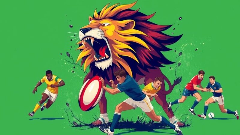 Dynamic rugby action scene with a roaring lion and rugby players in colorful uniforms, showcasing competition and teamwork.