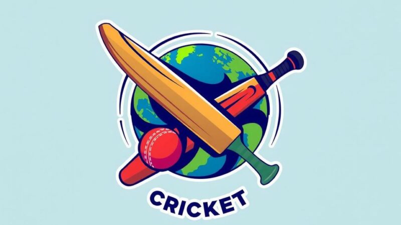 Dynamic logo design featuring cricket elements with vibrant colors representing the global cricket community.