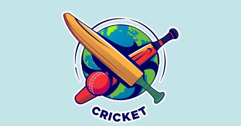 Dynamic logo design featuring cricket elements with vibrant colors representing the global cricket community.