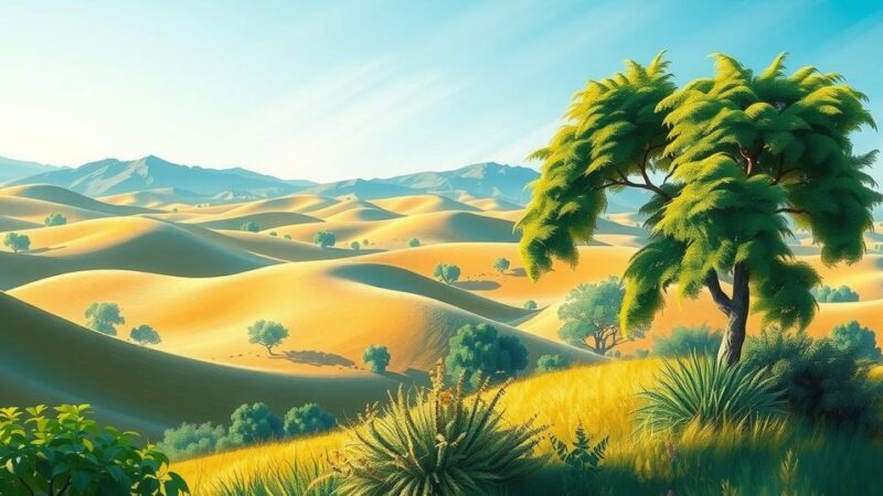 Landscape showing a peaceful Sudanese scene with lush greenery and a clear blue sky, symbolizing hope and stability.