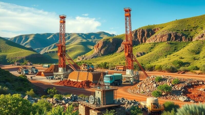 A vivid landscape of a copper mining site in Zambia, showcasing drill rigs and rocky terrain under a bright blue sky.