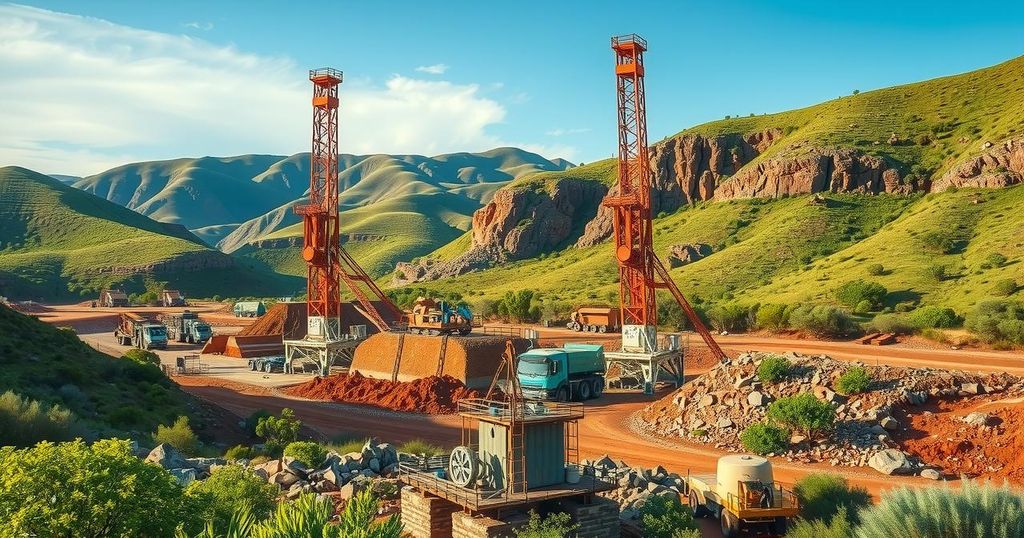 A vivid landscape of a copper mining site in Zambia, showcasing drill rigs and rocky terrain under a bright blue sky.