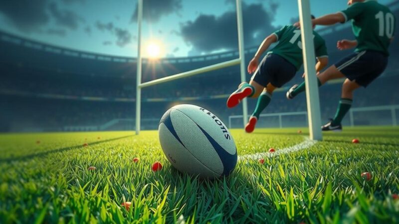 A rugby field with a ball in the center, flanked by goalposts, capturing an intense match atmosphere.