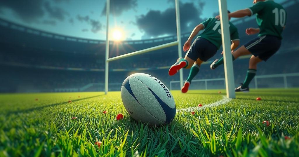A rugby field with a ball in the center, flanked by goalposts, capturing an intense match atmosphere.