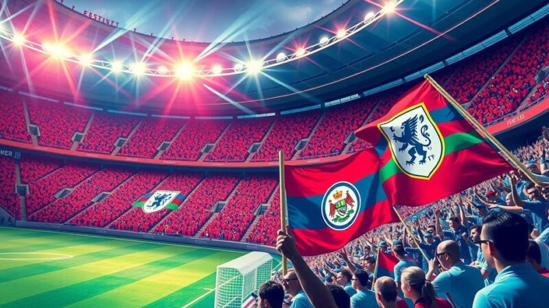 Soccer stadium with cheering fans and colorful flags, representing teams' rivalry and upcoming matches.
