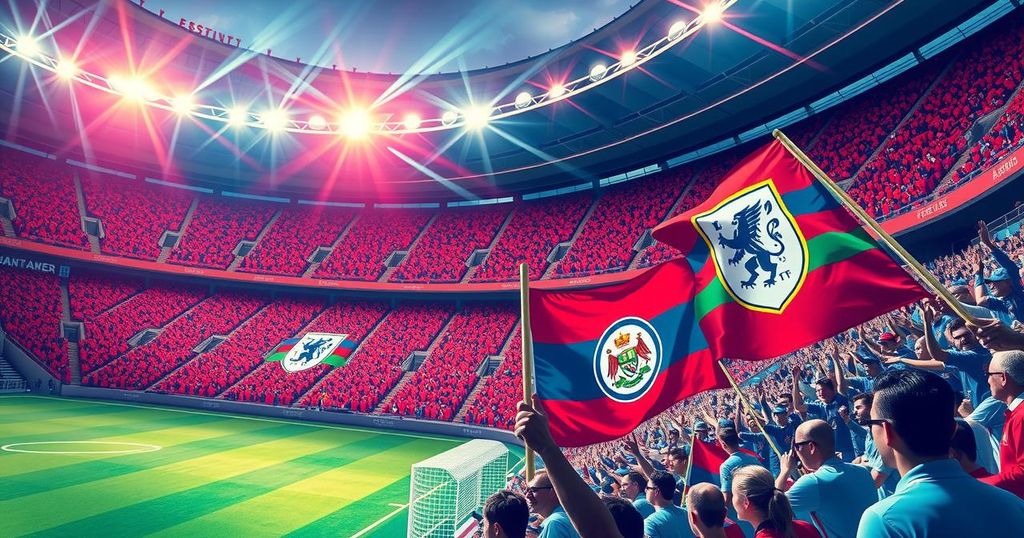 Soccer stadium with cheering fans and colorful flags, representing teams' rivalry and upcoming matches.