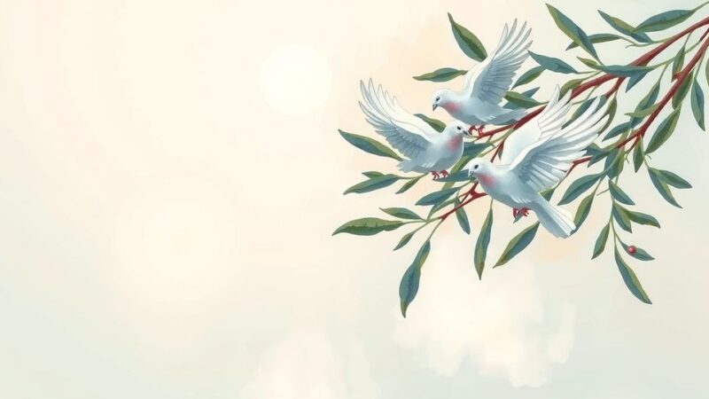 Abstract representation of peace between nations, featuring doves, olive branches, and soft colors in a harmonious composition.