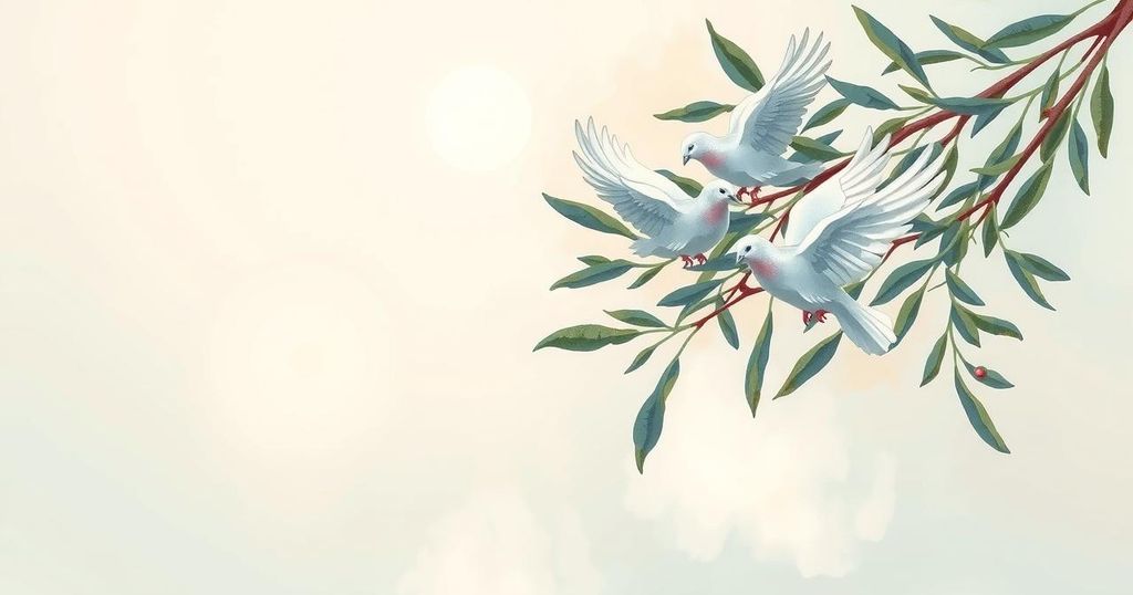 Abstract representation of peace between nations, featuring doves, olive branches, and soft colors in a harmonious composition.