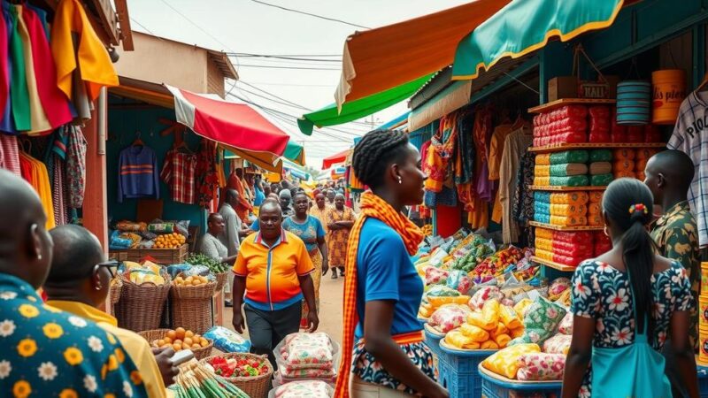 A vibrant Nairobi cityscape illustrating economic struggles with rising taxes, colorful market stalls, and local businesses.
