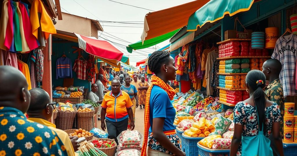 A vibrant Nairobi cityscape illustrating economic struggles with rising taxes, colorful market stalls, and local businesses.