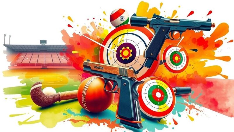 Indian sports event highlights featuring hockey, shooting, and athletics in action.