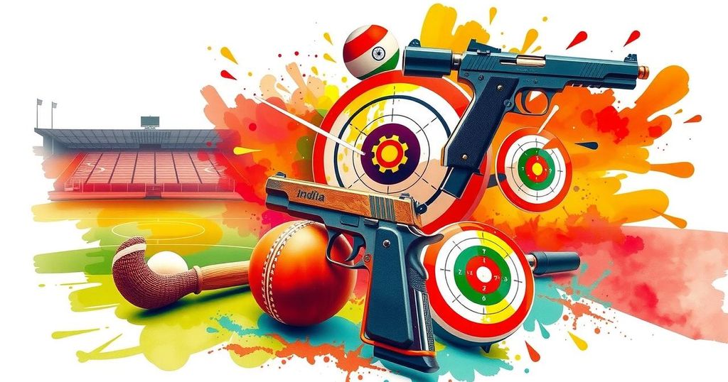 Indian sports event highlights featuring hockey, shooting, and athletics in action.