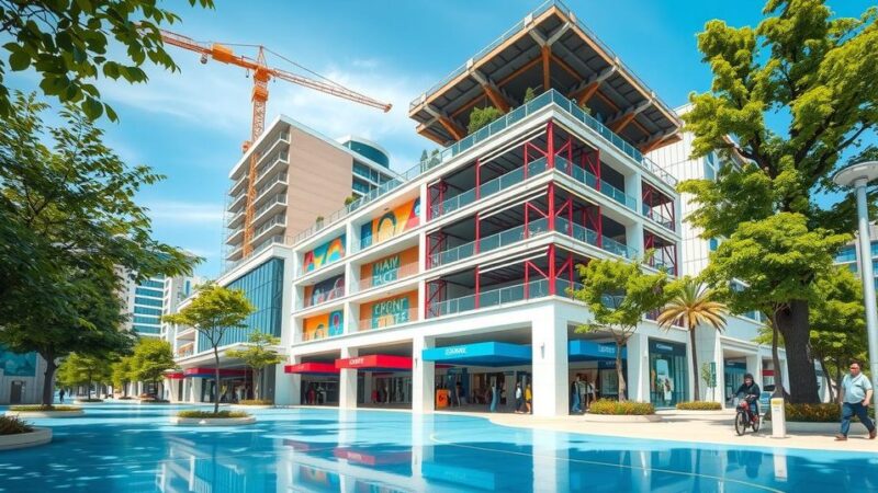 Urban landscape with a vibrant shopping mall development under clear skies and lush greenery, inspired by modern architectural style.