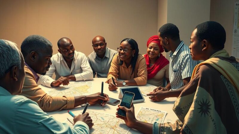Nigerian community leaders monitoring safety in the Middle East with a map and communication tools.