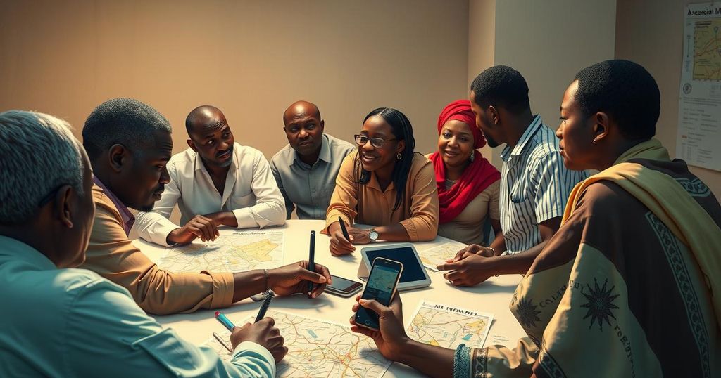 Nigerian community leaders monitoring safety in the Middle East with a map and communication tools.