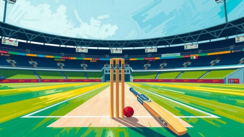 A vibrant cricket stadium with a cricket pitch, bats and stumps, capturing the excitement of a match in action.