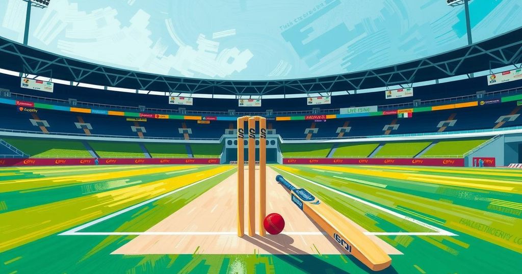 A vibrant cricket stadium with a cricket pitch, bats and stumps, capturing the excitement of a match in action.