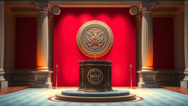 A dignified ceremony showcasing a national honour, featuring a podium and award medallion, set in a formal environment.