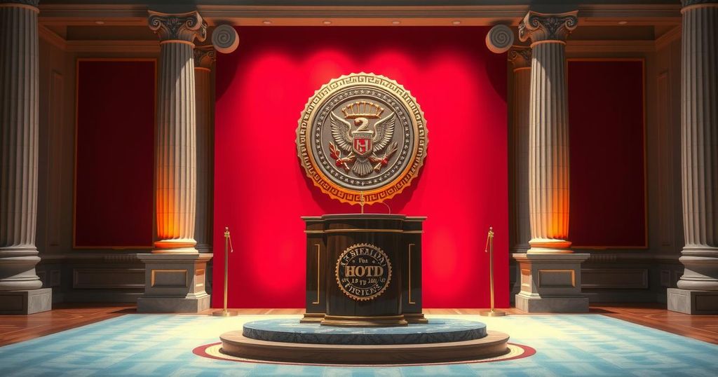A dignified ceremony showcasing a national honour, featuring a podium and award medallion, set in a formal environment.