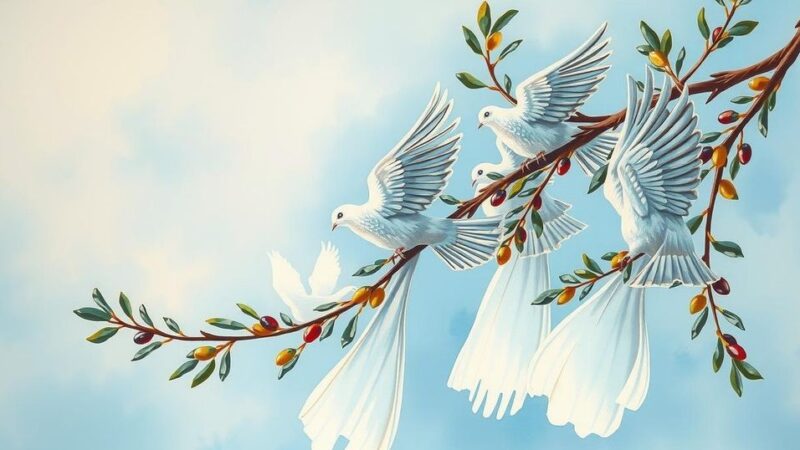 A symbolic representation of peace between Israel and Iran with olive branches and doves in a tranquil setting.