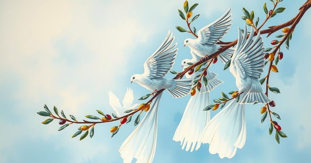 A symbolic representation of peace between Israel and Iran with olive branches and doves in a tranquil setting.