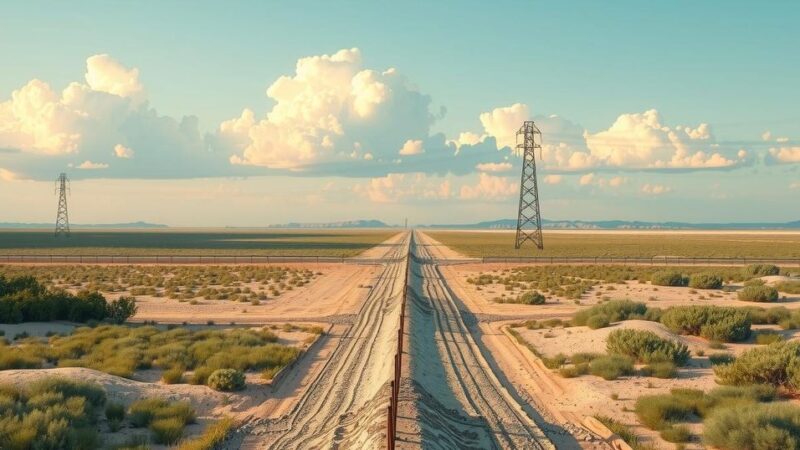 A border scene depicting a barrier between two territories with a calm sky and surrounding landscapes, showing a sense of conflict.