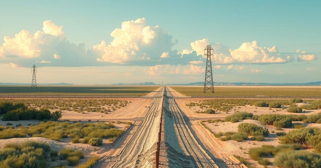 A border scene depicting a barrier between two territories with a calm sky and surrounding landscapes, showing a sense of conflict.