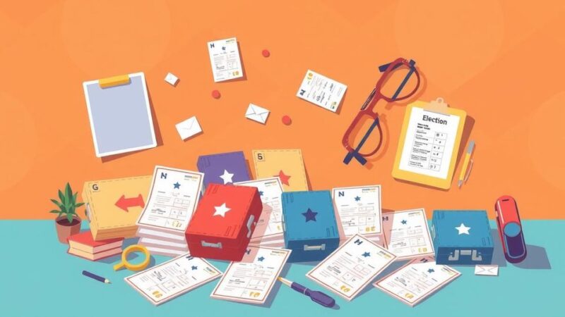 Voter ballots and election symbols on a colorful backdrop representing democracy in Mexico.