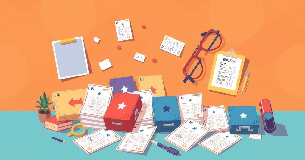 Voter ballots and election symbols on a colorful backdrop representing democracy in Mexico.