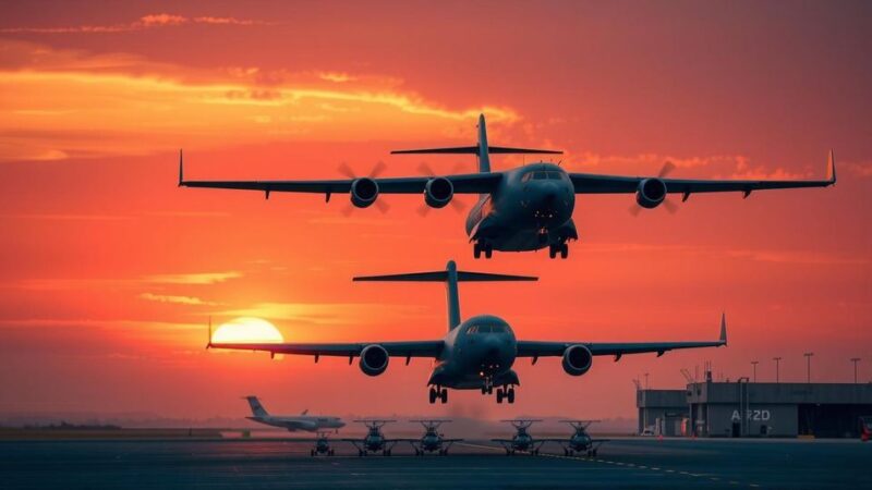 Two transport planes departing from an airbase amidst a sunset sky, symbolizing readiness for evacuation operations.