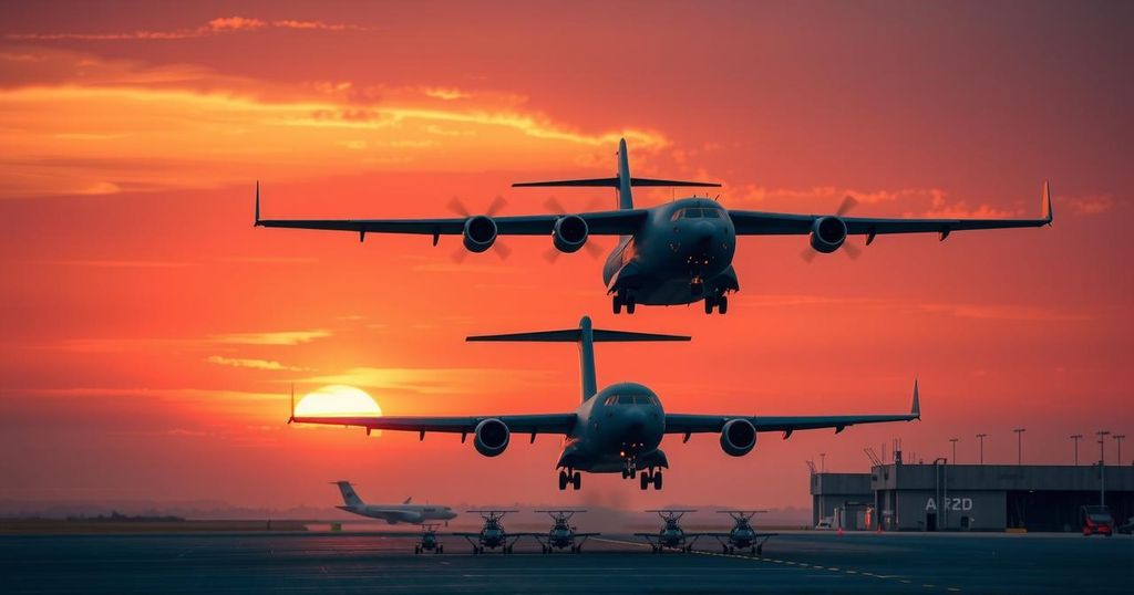 Two transport planes departing from an airbase amidst a sunset sky, symbolizing readiness for evacuation operations.