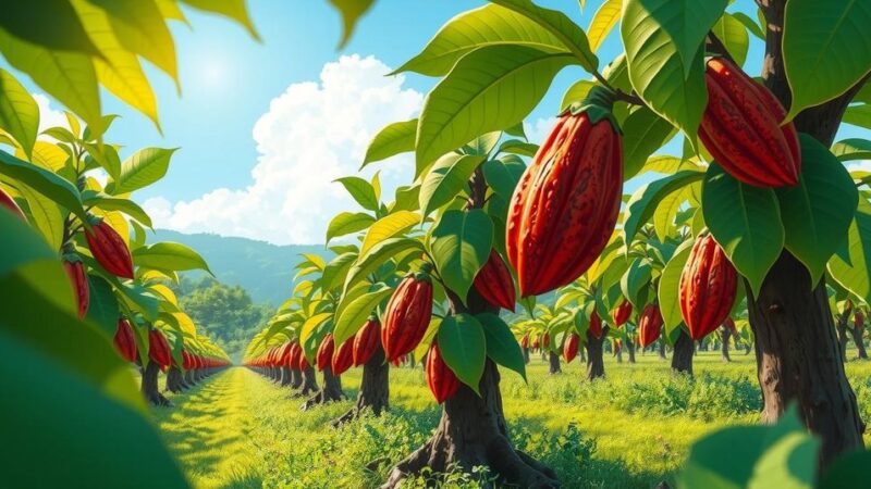 A vibrant cocoa farm showcasing lush trees with cocoa pods and an inviting landscape emphasizing agriculture's revival.