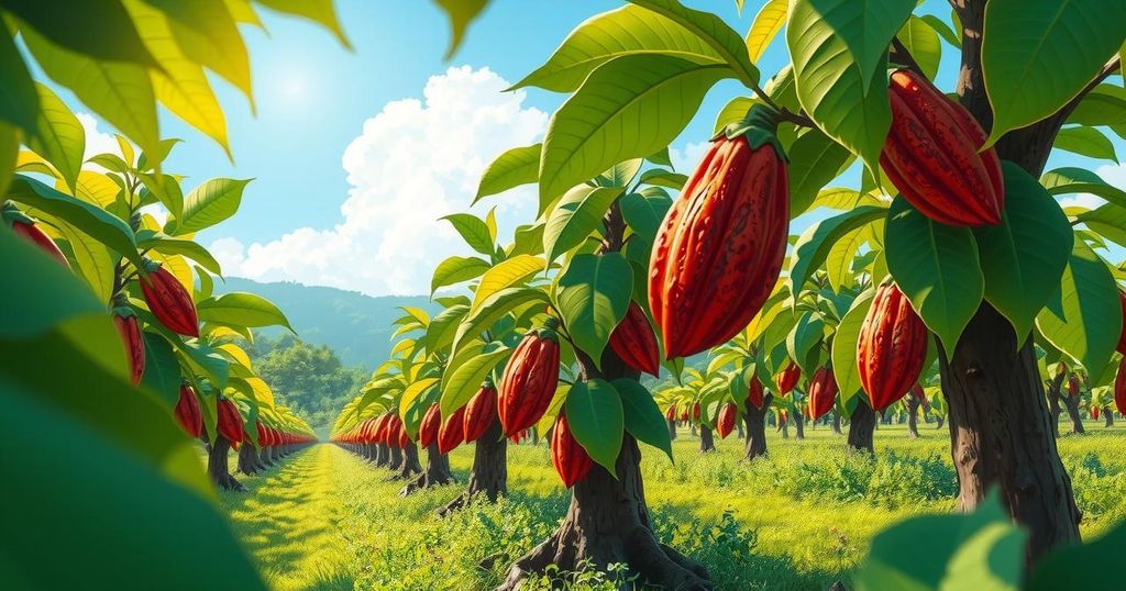 A vibrant cocoa farm showcasing lush trees with cocoa pods and an inviting landscape emphasizing agriculture's revival.