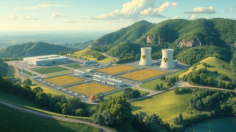 Illustration of nuclear sites with a serene landscape and lush greenery, representing cooperation and exploration of nuclear energy.