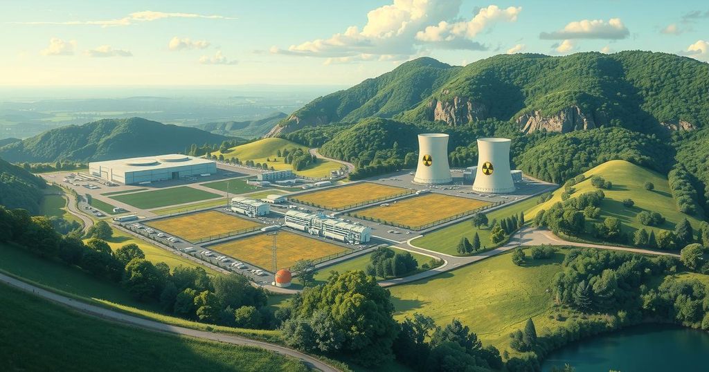 Illustration of nuclear sites with a serene landscape and lush greenery, representing cooperation and exploration of nuclear energy.