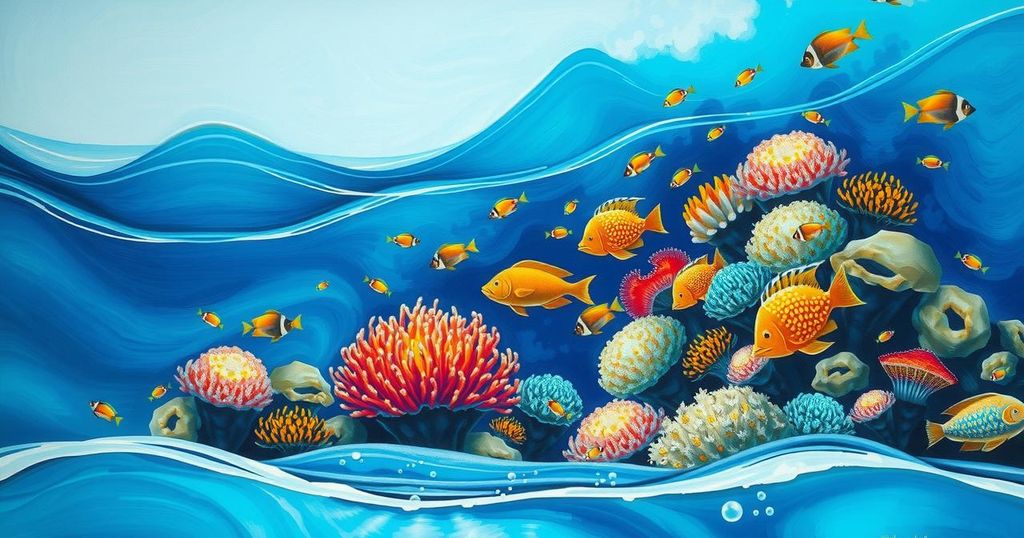 A serene ocean scene featuring vibrant corals and marine life, symbolizing sustainable growth in the blue economy.