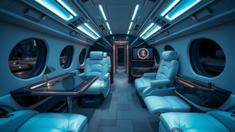 Illustration of a luxury jet conceptualized as Air Force One, showcasing modern security features and a sleek design.