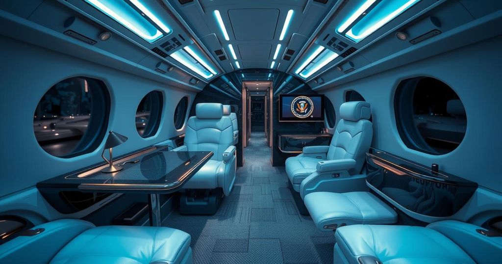Illustration of a luxury jet conceptualized as Air Force One, showcasing modern security features and a sleek design.