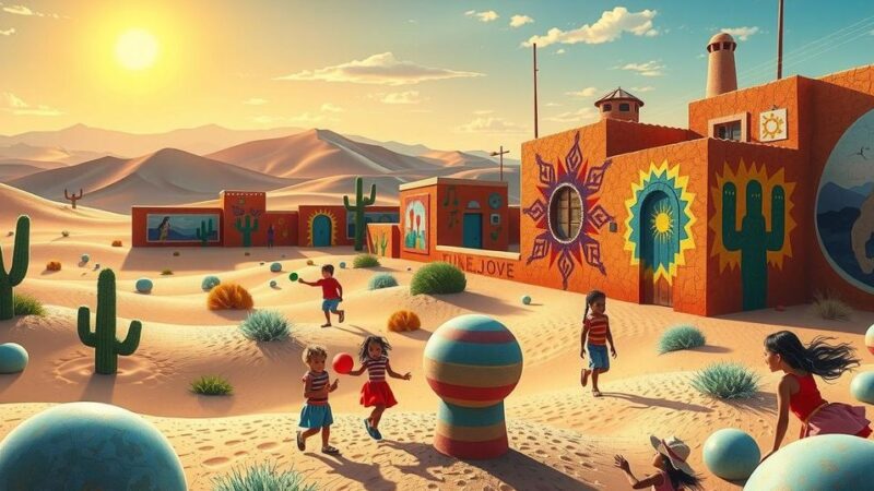 A serene desert landscape with children playing and vibrant murals, symbolizing hope and unity.