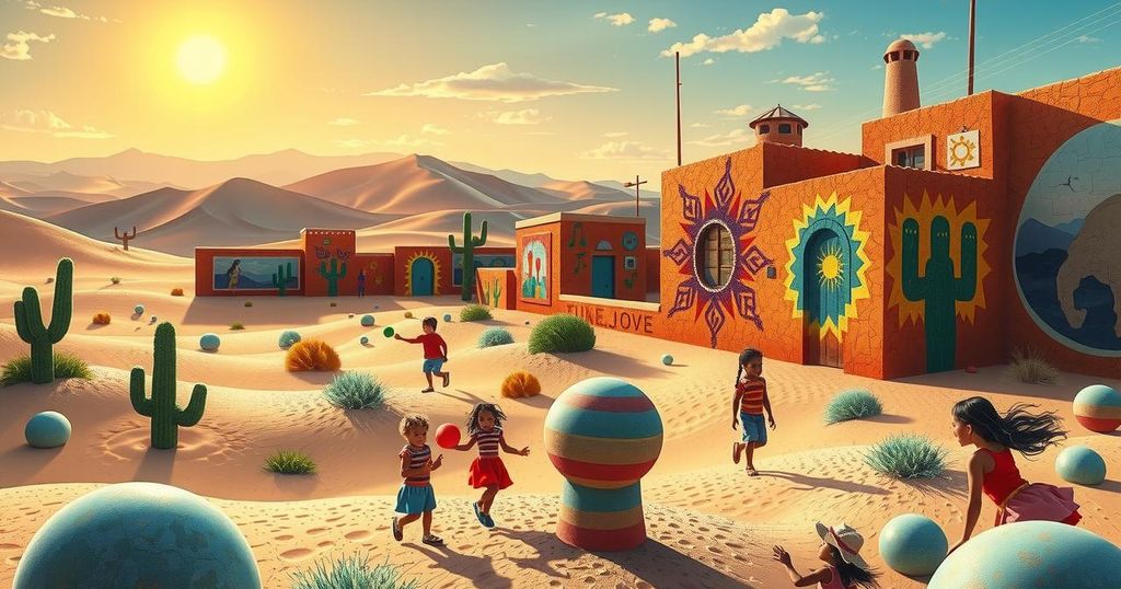 A serene desert landscape with children playing and vibrant murals, symbolizing hope and unity.