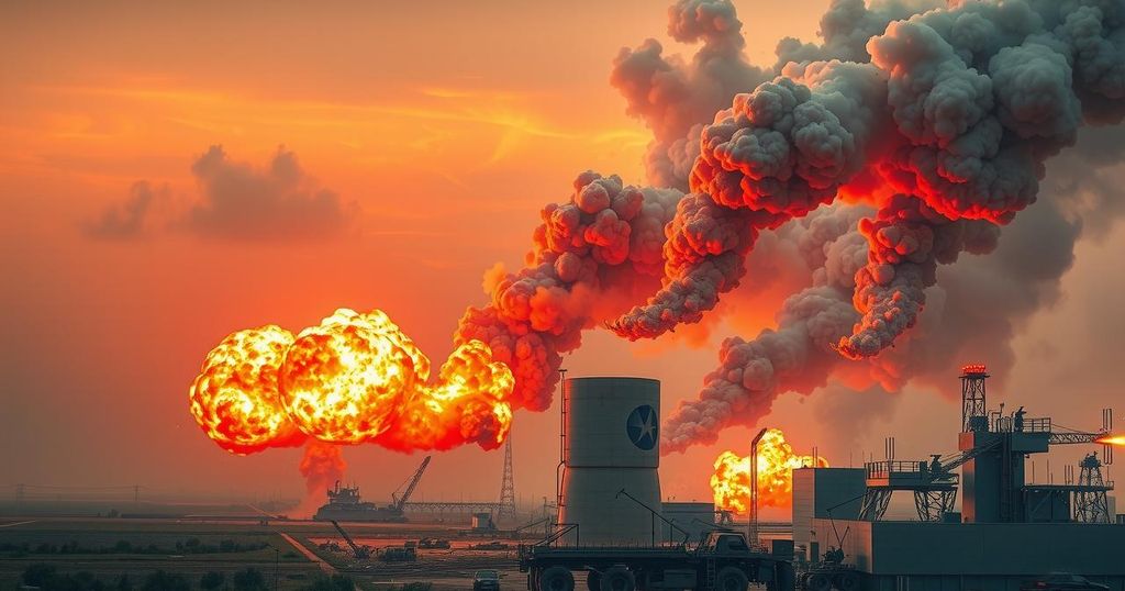 A dramatic military scene depicting a nuclear facility under siege with explosions and smoke in vibrant orange and gray tones.