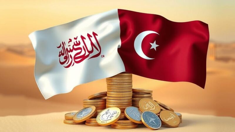 Financial support collaboration between Saudi Arabia and Qatar for Syria's state employees, depicted with flags and coins.