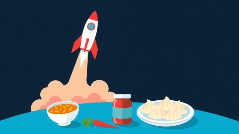 Rocket launch to ISS with astronauts from different countries and various cultural food items in space.