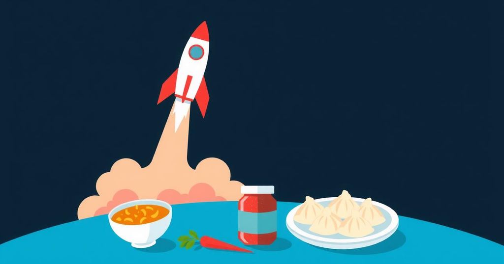 Rocket launch to ISS with astronauts from different countries and various cultural food items in space.