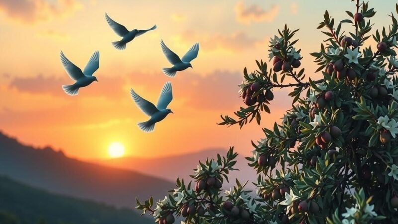 A vibrant representation of peace, featuring doves flying above olive branches and a bright sun setting over mountains.