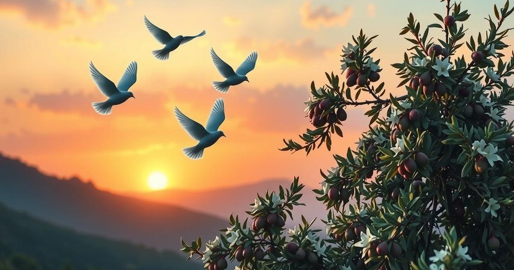 A vibrant representation of peace, featuring doves flying above olive branches and a bright sun setting over mountains.