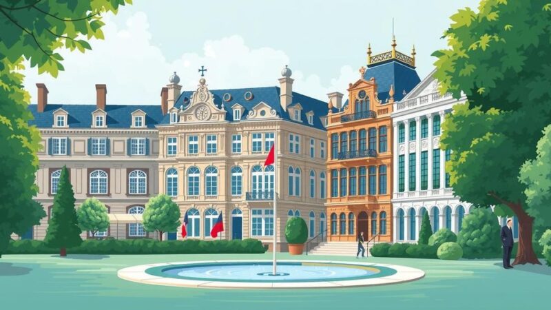 A serene view of Brussels with European architecture, showcasing flags and greenery during a peaceful meeting environment.