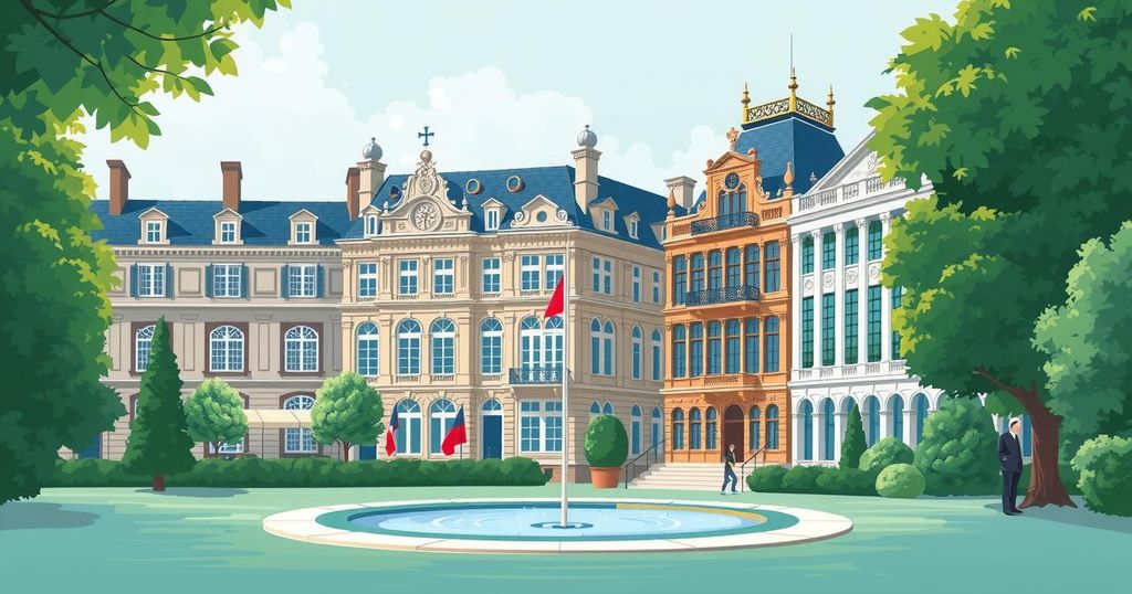 A serene view of Brussels with European architecture, showcasing flags and greenery during a peaceful meeting environment.